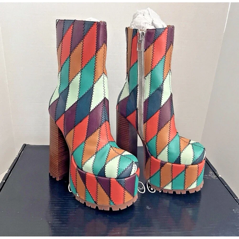 Retro Diamond Patchwork Platform Ankle Boot Current Mood Dolls Kill Sally Size 7